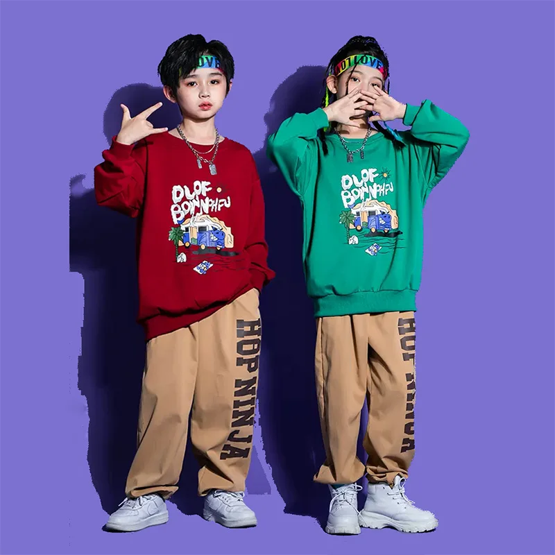 Kid Hip Hop Clothing Print Sweatshirt Top Khaki Casual Street Jogger Pants for Girl Boy Jazz Dance Costume Clothes Outfits Set
