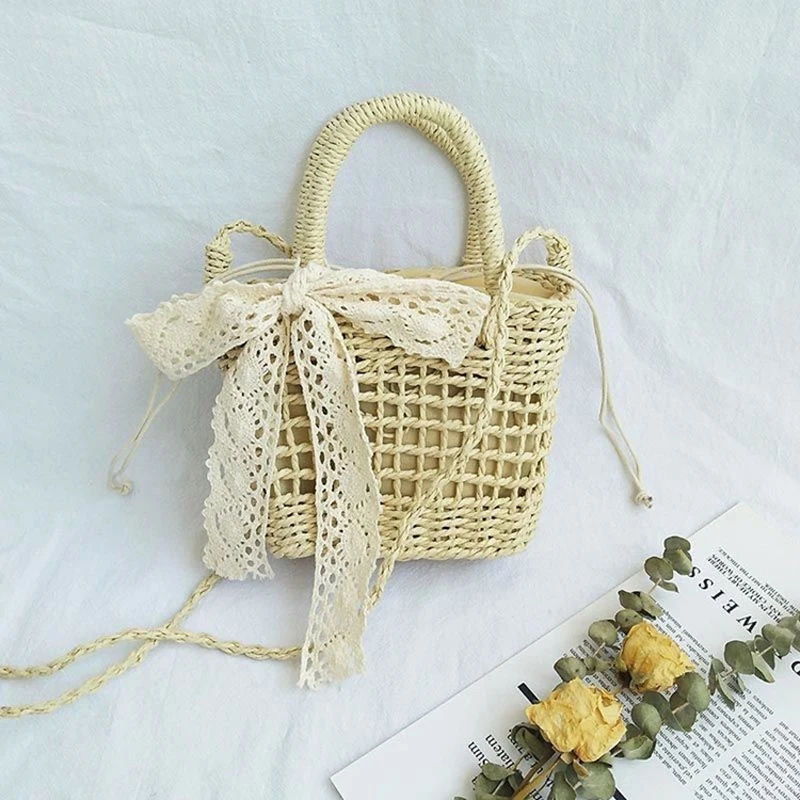 

Bow Tie Straw Bags for Women Luxury Summer Bag Hollow Vintage Shoppers