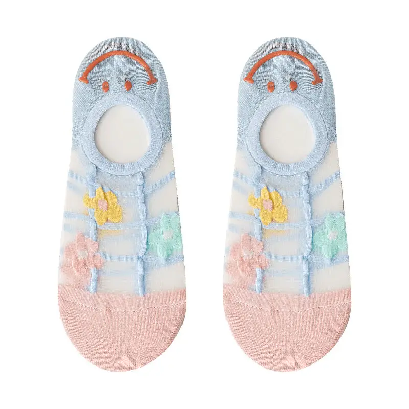 

Heel smiling face lovely cartoon crystal silk flower boat socks Japanese girls socks women invisible glass silk card stockings
