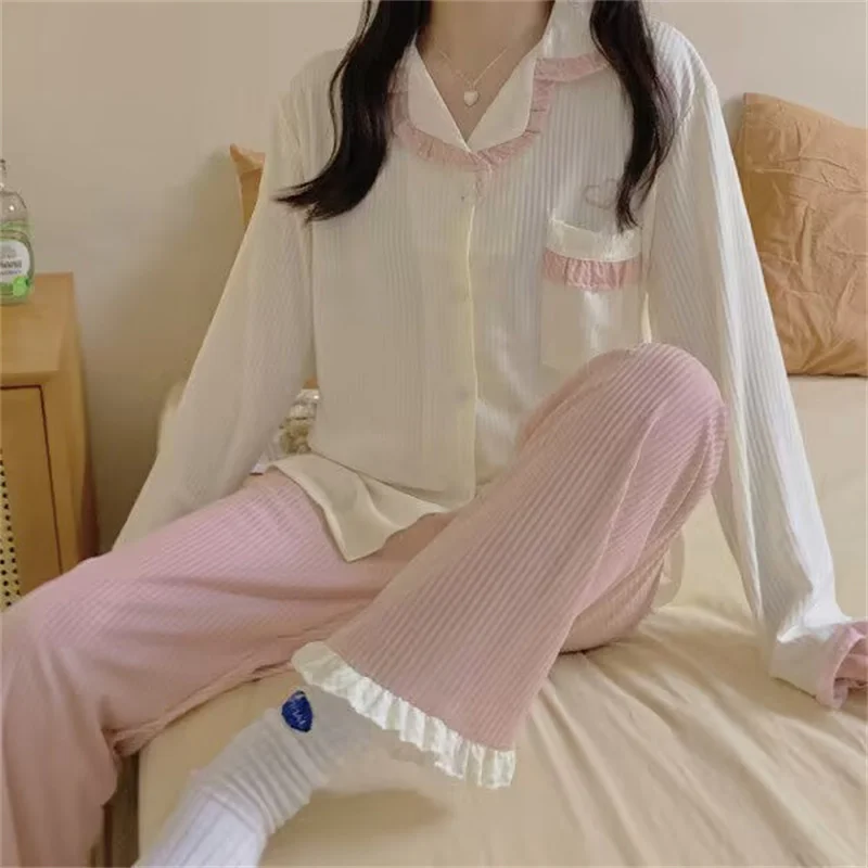 Sexy Bow Princess Sweet Pajamas Set Full-Sleeve Long Pants 2Piece/Set Pyjama  Homewear Cozy Plus Big Size Sleepwear