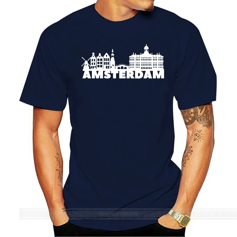 

Print Amsterdam Holland Netherlands Windmill t-shirt for men cotton Anti-Wrinkle streetwear mens t-shirts black Popular