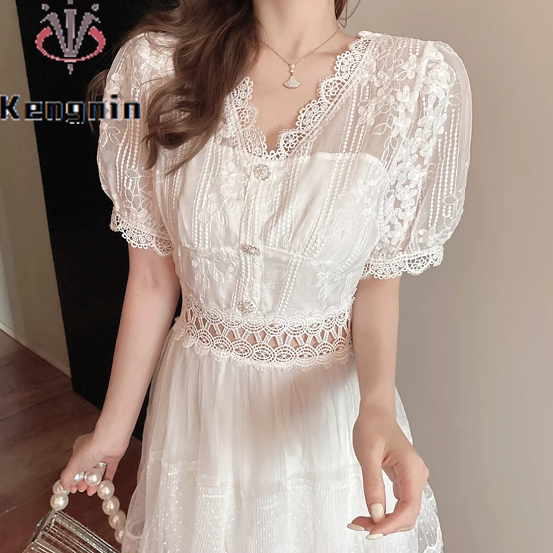

Lace Patchwork Mesh Women's Dresses 2022 Summer Sexy Lace Cake Style Ladies Vestidos Dress Puff Sleeve Female Robe Dress KE2547
