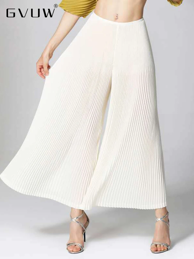 GVUW Pleated Wide Leg Pant For Women Solid Color Loose Elastic Waist 2023 Summer Fashion Female Straight Casual Trousers 17J1189