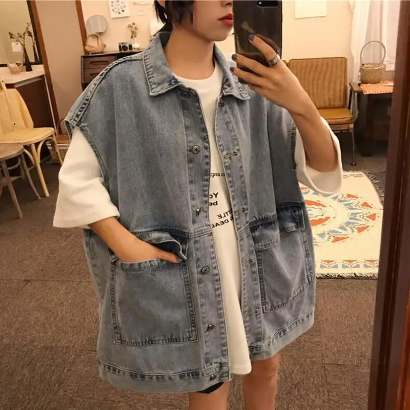 

Women Spring Fall Korean All-match Tops Short Jacket Indie Female Jean Waistcoat 2021 Women Fashion Sleeveless Blue Denim Vest
