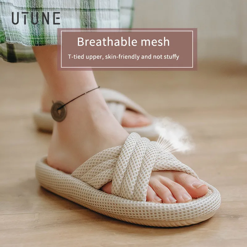 

UTUNE Mute Linen Slippers For Women Japanese Indoor Summer Shoes Mesh Cloth EVA Sole Jute Home Slippers Men Non-slip Sli