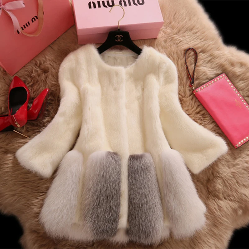 Luxurious Faux Mink Fur Splice Fox Fur Coat Women High Quality Faux Fur Jacket White Winter Warm Thick Fur Coats Plush Jacket