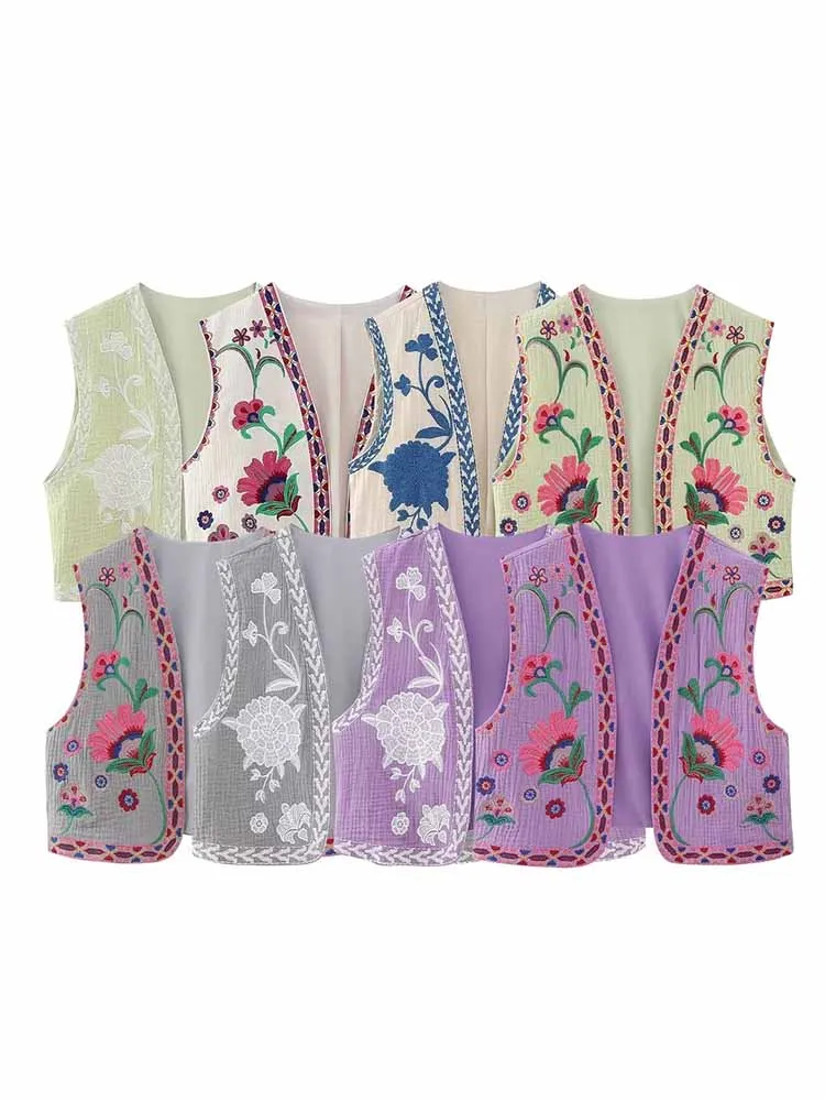 

Women 2023 New Fashion Flower embroidered Cropped cardigan Vest Vintage Sleeveless Female Waistcoat Chic Tops 6895/023