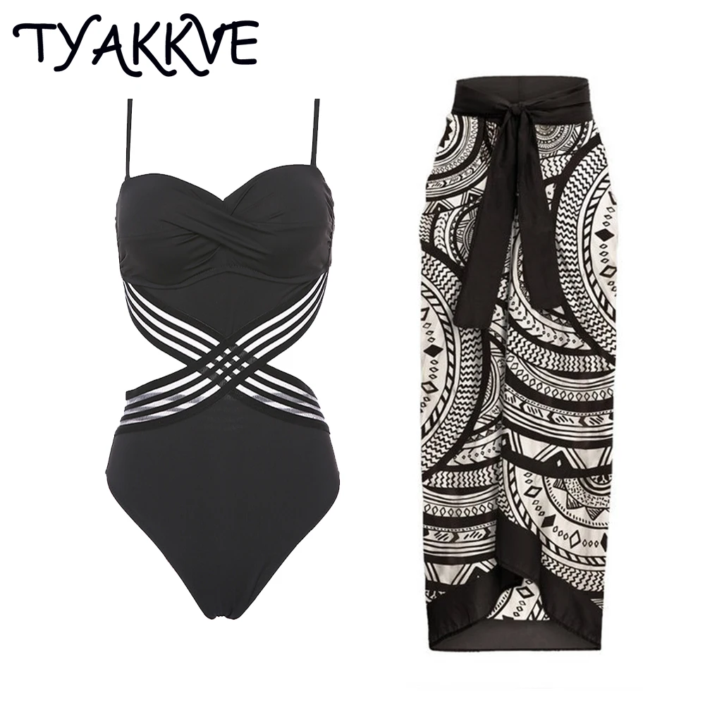 

TYAKKVE New 2023 One Piece Swimsuit Woman Cover Up Summe Mesh Bikini Set Skirt Vintag Solid Swimwear Beach Dress Bathing Suit