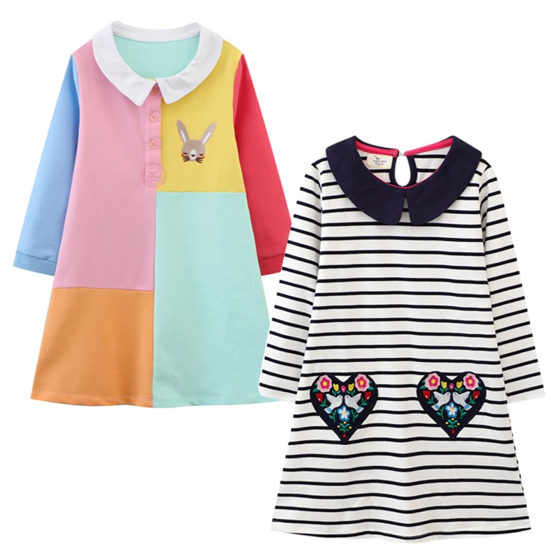 

Платья принцессы для девочек на осень и весну, с полосатым воротником и вышивкой, Детский костюм, детские платья