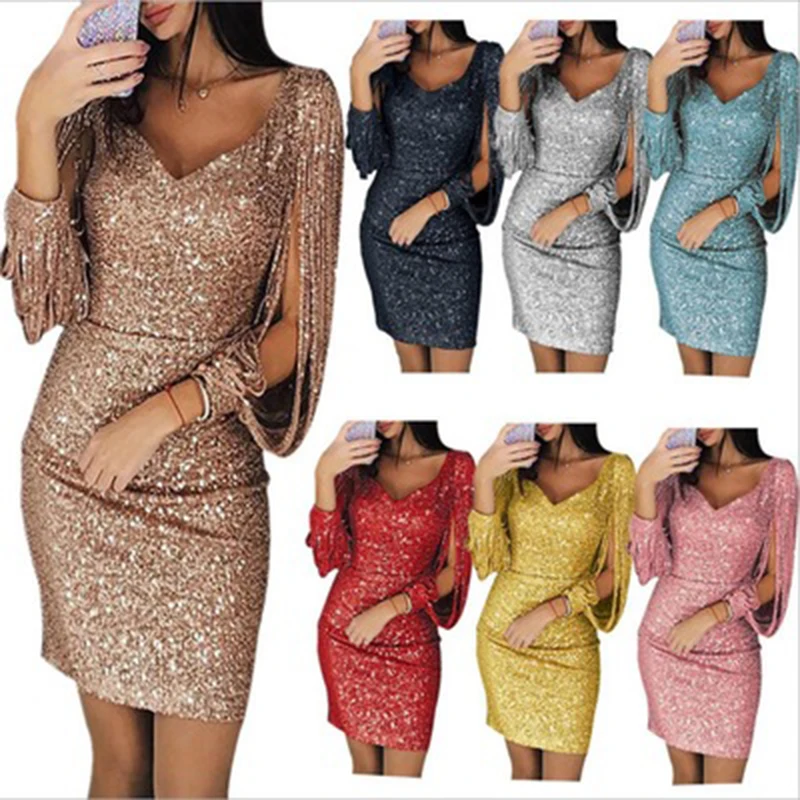 Women Sequin Dress Glitter Sparkle Sexy Deep V Neck Short Dress Above Knee Length Long Tassel Sleeve Dress