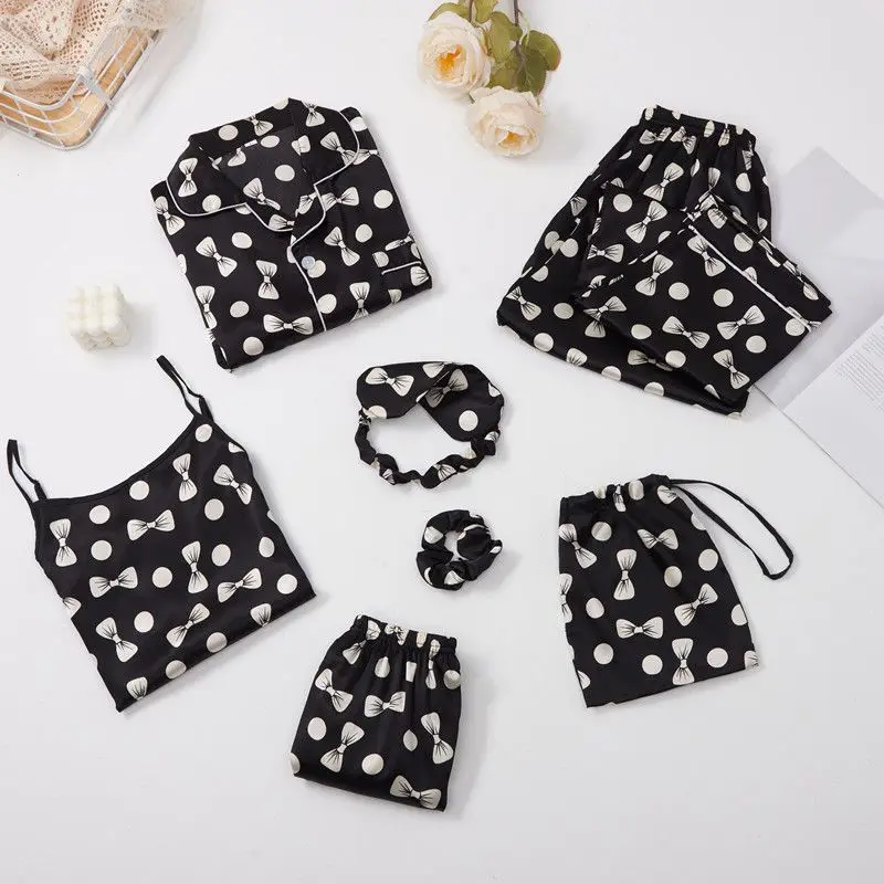 Ice silk pajamas women in the spring and autumn summer simulation silk sexy long-sleeved seven stacked leisurewear suit thin