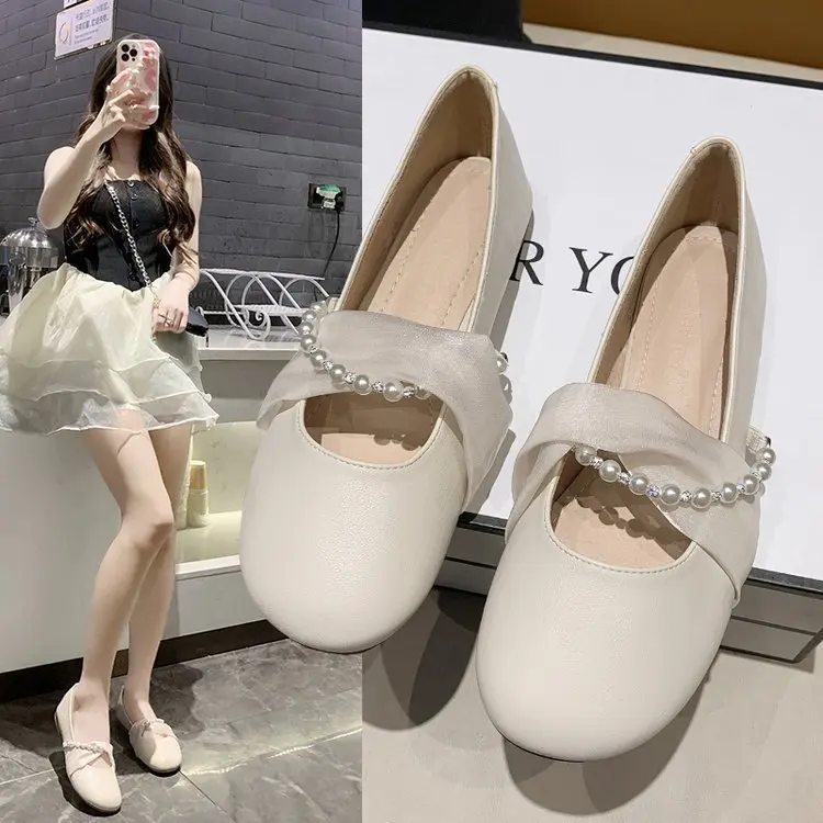 

Shoes Woman 2023 Casual Female Sneakers Round Toe Flats Shallow Mouth Pearl Decorateion New Dress Moccasin Beading Solid Rubber