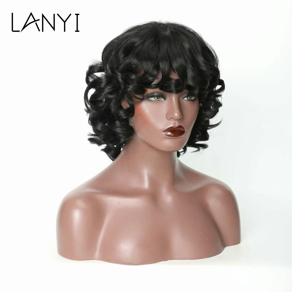 

LANYI Short Hair Afro Curly Wig With Bangs Loose Synthetic Cosplay Fluffy Shoulder Length Natural Wigs For Black Women Black 14"