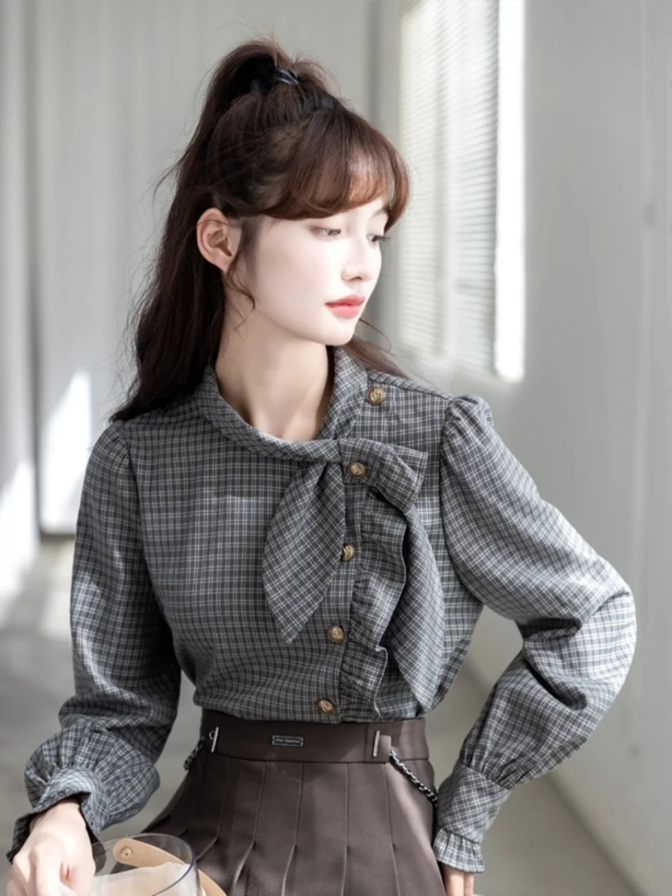 French sle Fashion Western Sle Bow Lace-up Houndstooth Shirts Women clothes Autumn and Winter Inner wear Stacked Long sle...