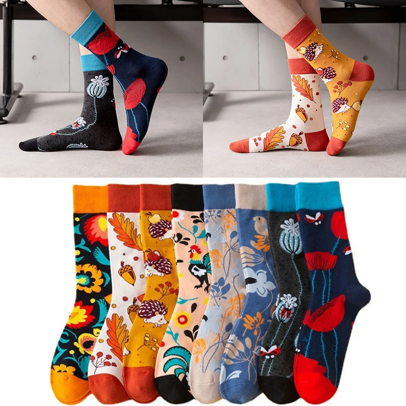 

New AB feet flower and bird pattern mid-tube casual socks men's trendy socks plus size socks