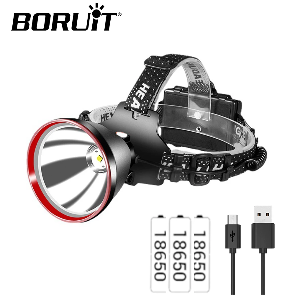 BORUiT Super Powerful LED Headlamp 18650 5000LM Headlight USB Rechargeable Outdoor Waterproo Fishing Head Flashlight Camp Lamp