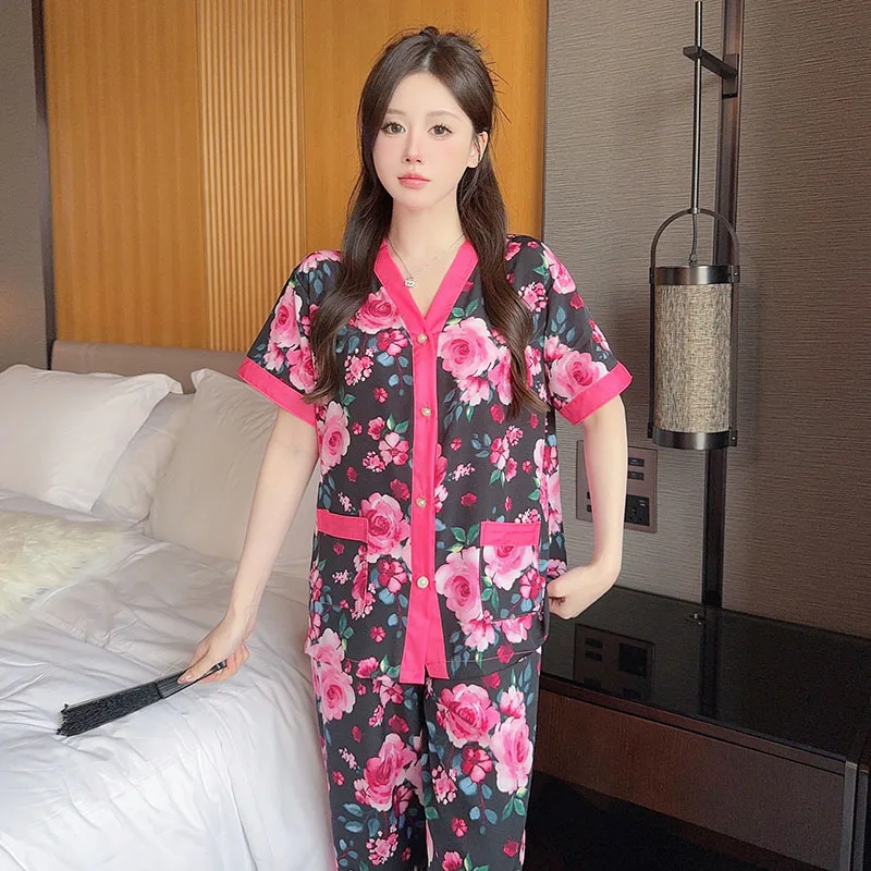 Женский Пижамный Комплект С Цветочным Принтом Летний Легкий Топ V-образным