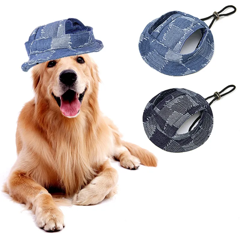 

Summer Pets Dog Hat Cute Ear Holes Round Brim Dogs Cap For Small And Medium Pet Pet Fisherman Hat Fashion Splicing Denim Hat New