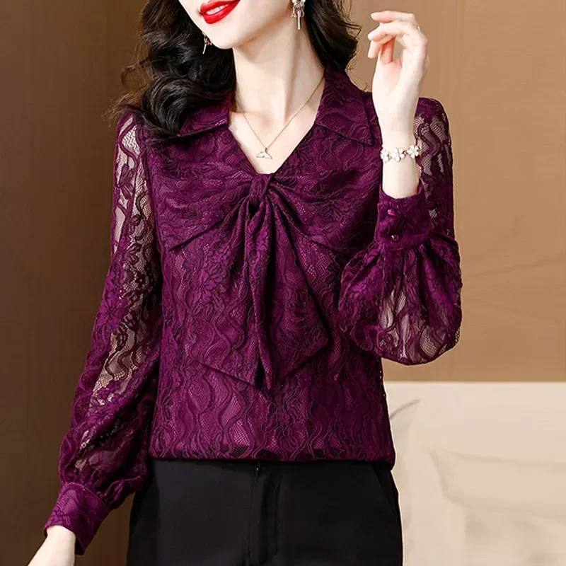 Новая кружевная женская блузка с отложным воротником и бантом длинным рукавом