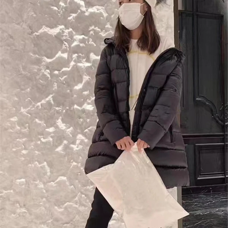 

Women's Mid-Length Matte White Duck Down Jacket Winter New Warmed Drawstring Waistband Slimming Black Hooded Down Jacket