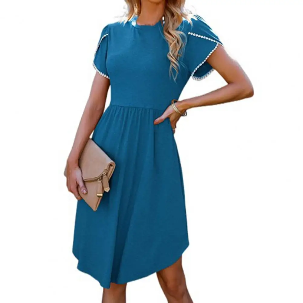 

2022 Women Dress O-neck Solid Color A-Line Sweet Vestidos Petal Short Sleeve Pleated Hem Midi Dress Female Clothing Robe Femme
