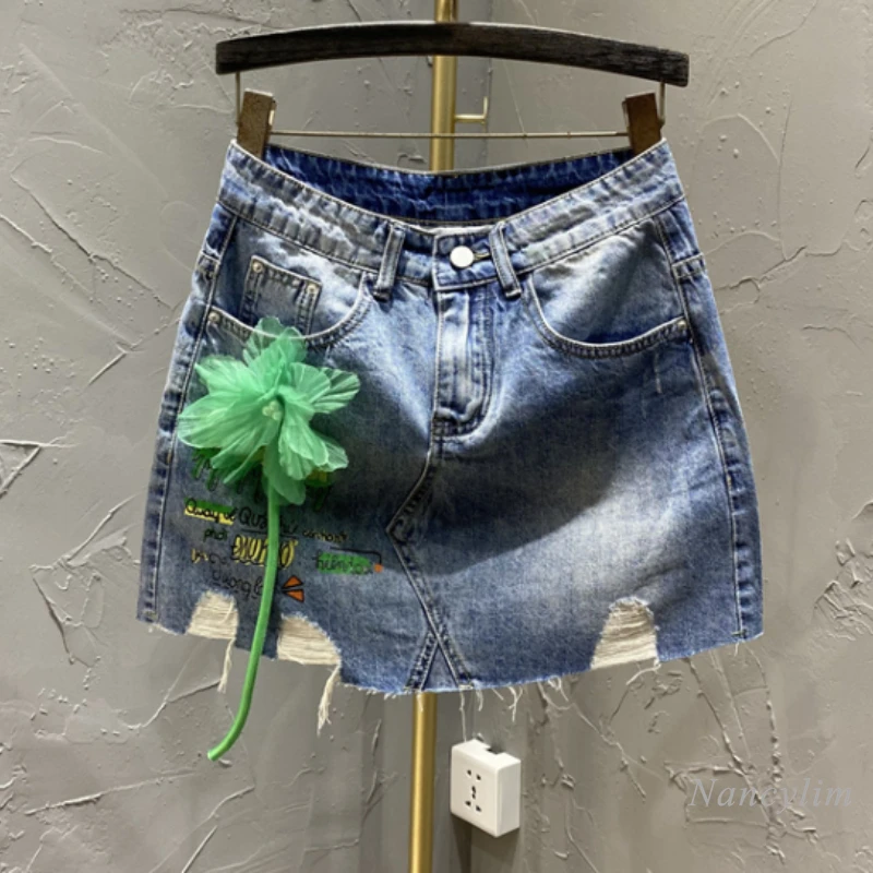 

2022 Summer Fashion Three-Dimensional Flower Letter Pattern High Waist Denim Skirt Women's Slimming Frayed A- Line Jupe