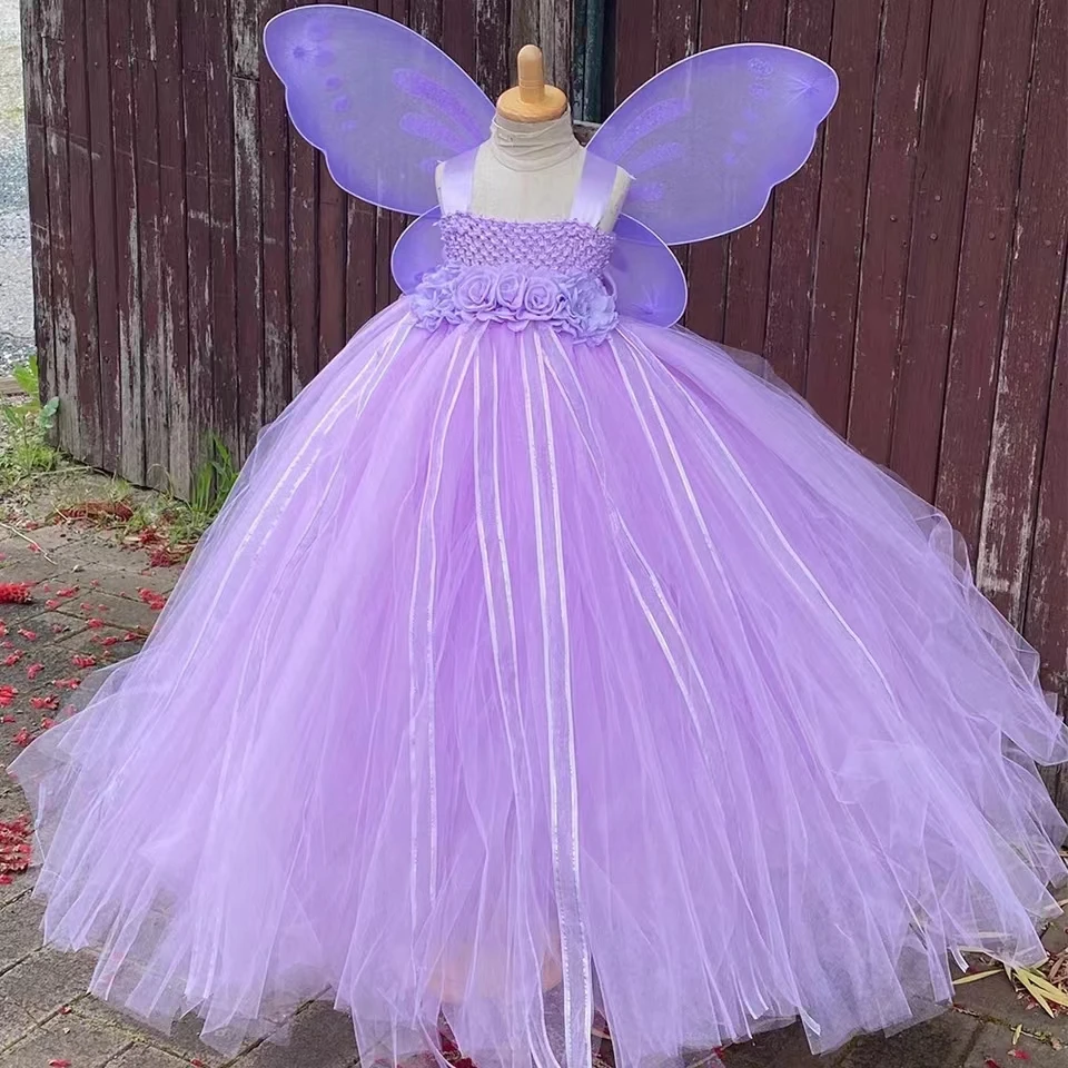 

Girls Lavender Butterfly Flower Tutu Dress Kids Fairy Princess Dresses Long Ball Gown with Wing Children Birthday Party Costume