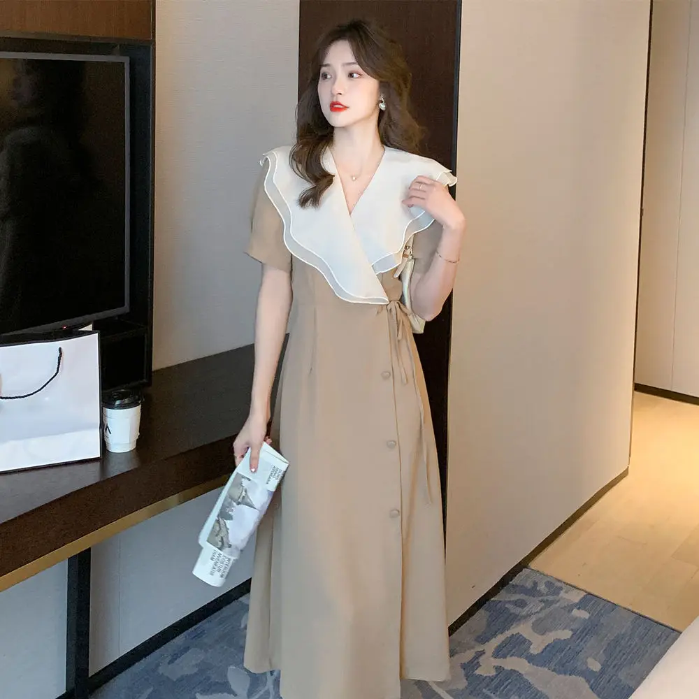 

Fashion Summer Women Lace Up Midi Dress Party Clothes Lady Casual Korea Style Ruffle V Neck Short Sleeve One Piece Robe Vestidos
