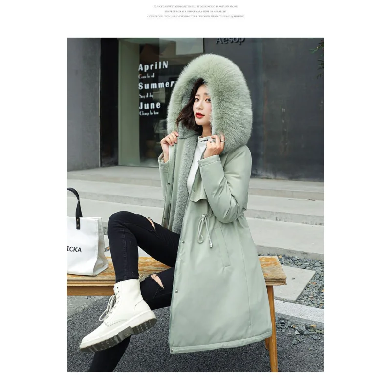 2023 New Fashion Mid-Length Parka Women Stitching down Cotton-Padded Jacket with Fur Collar Loose Comfortable Large Size Coat