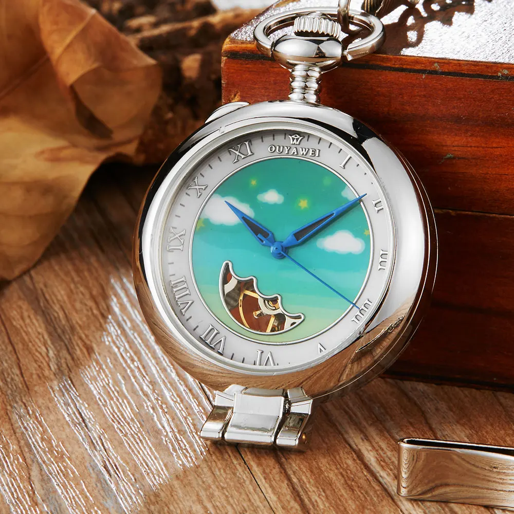 Luxury Golden Retro Mechanical Pocket Watch Men Women Pendant With FOB Chain Hollow Moon Steampunk Hand-wind Pocket Watches