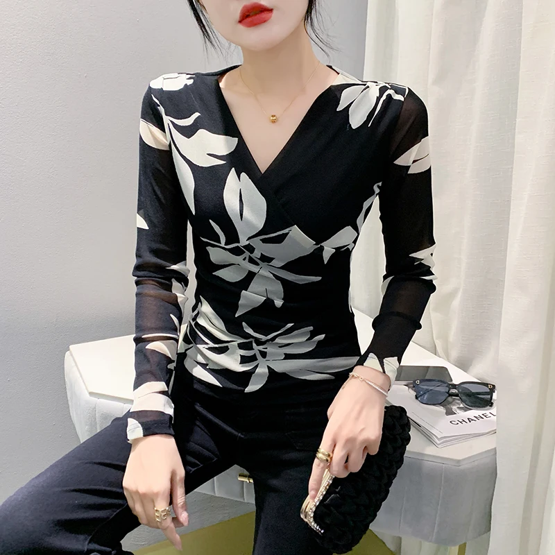 

Новинка 2023, осенне-зимняя Корейская одежда, футболка, шикарные сексуальные женские топы с разрезом и драпировкой, облегающая блузка с длинным рукавом S-3XL Tees 39048