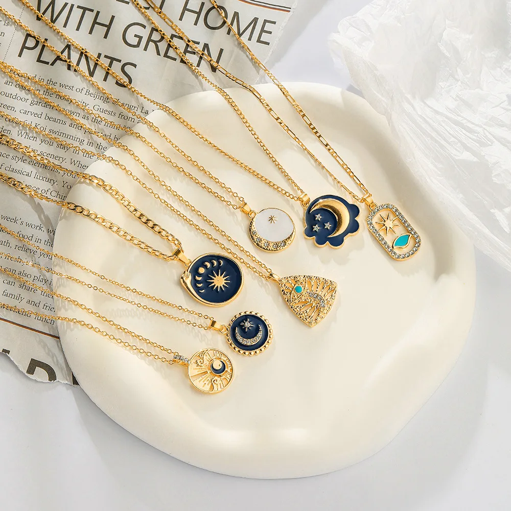 

WANGAIYAO new fashion simple clavicle chain personality moon star drop oil coin pendant necklace women's birthday anniversary je
