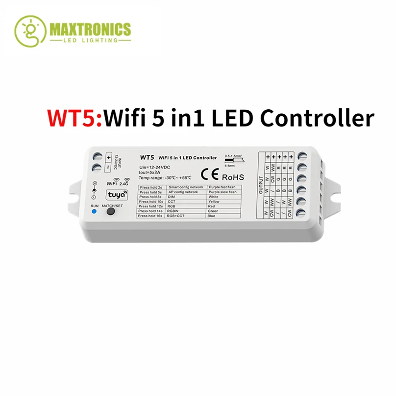 WT5 DC12V-24V 5in1 LED Wifi Controller RF 2.4G Wireless Dimmer Smart Voice Control For Single Color RGB RGBW RGBCCT Strip Lights