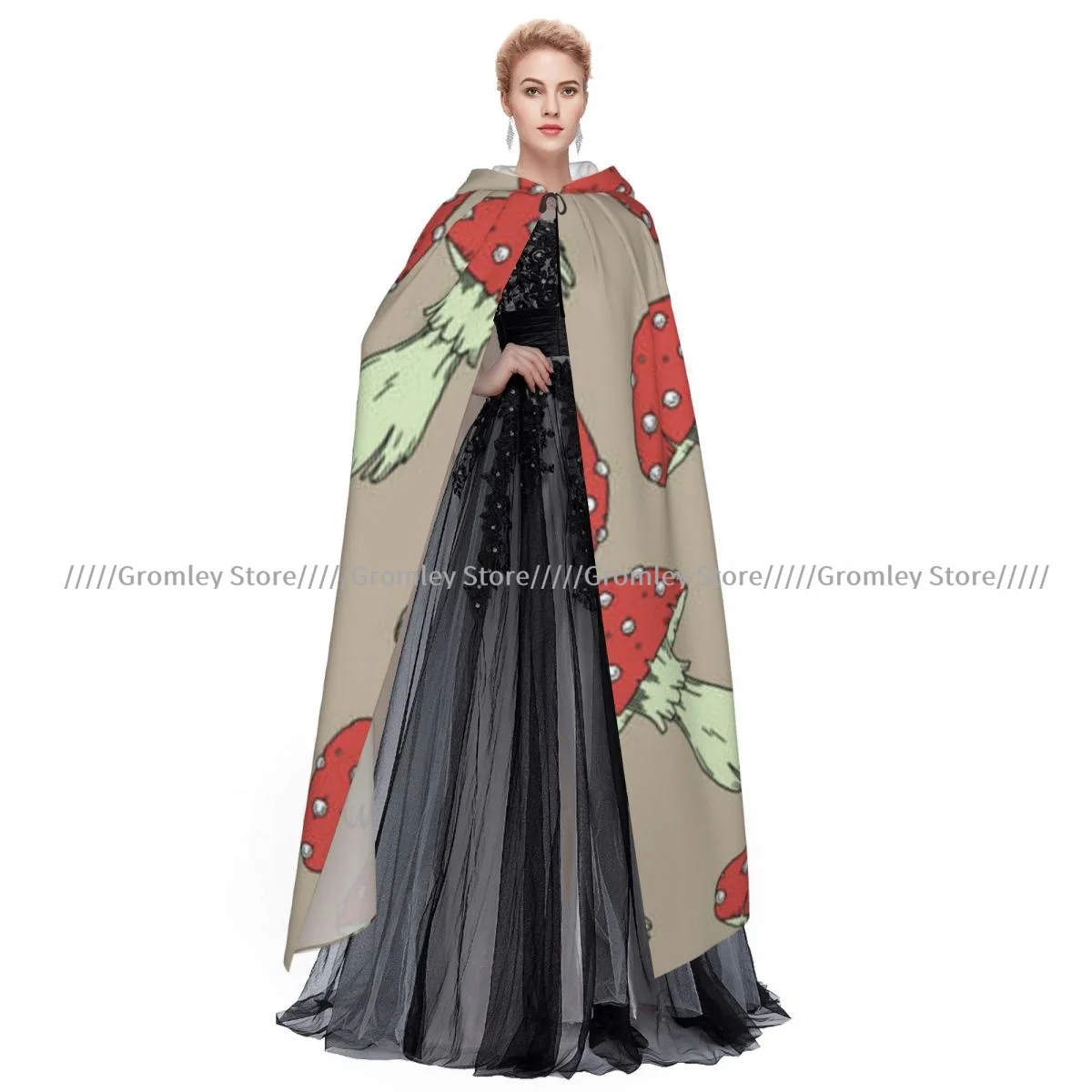 Длинный халат с капюшоном ведьмы МАНТИЯ С агарическим рисунком грибов для