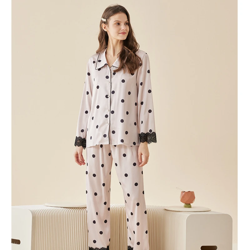 Imitation Silk Women's Pajamas Fashion Sleepwear Print Of Dots And Small Flowers Thin Long Sleeve Trousers Home Suit For Women