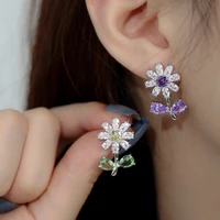 beautiful purple flower stud earrings for women paved colored cubic zirconia silver color exquisite ear accessories new jewelry