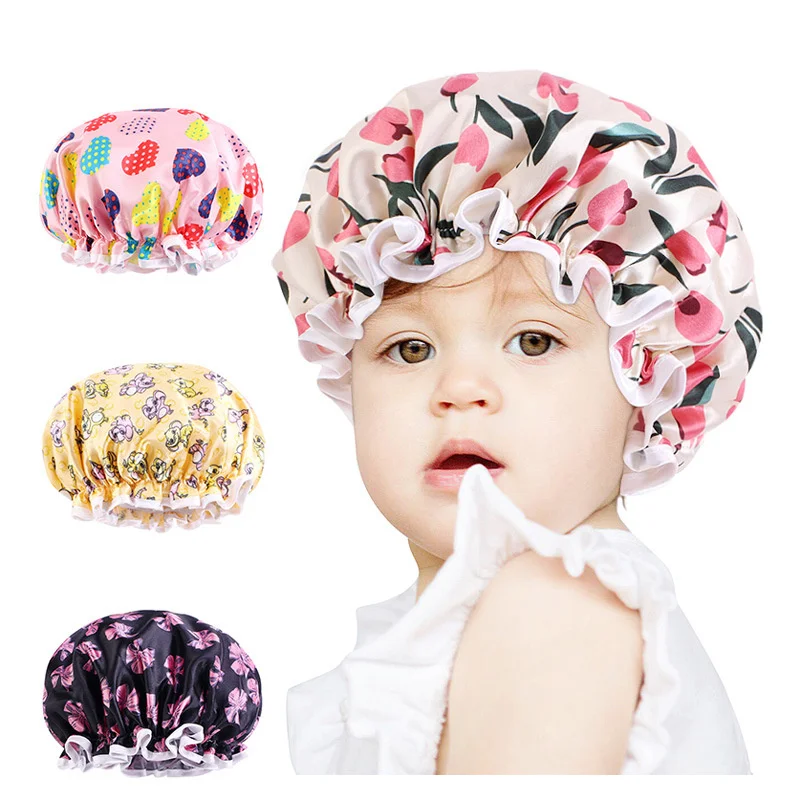 

Kids Satin Bonnet Sleep Hat Silk Shower Cap for Child Hair Beanie At Night Boy Girls Flower Printed Silk Sleep Cap with Band Bow