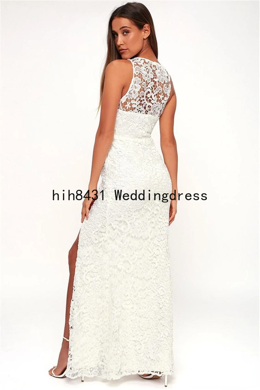 

gorgeous Beach Destination Sleeveless Wedding or Reception Dress Side Slit Floor Length Petite Lace Bridal Dress