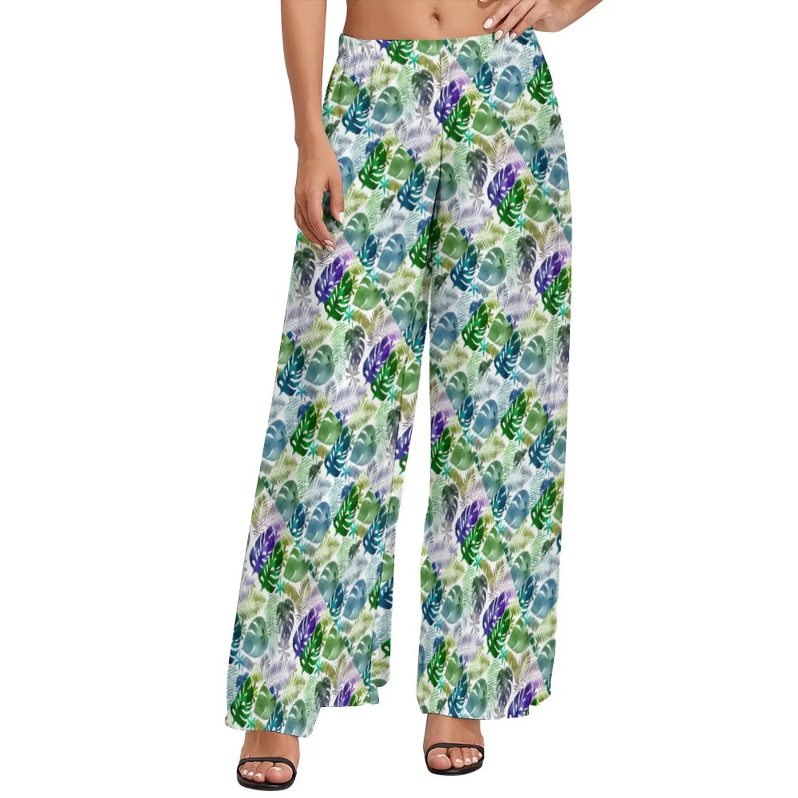

Фиолетовые тропические брюки, домашние широкие брюки с пальмовыми листьями, женская уличная одежда большого размера, прямые брюки с графическим рисунком