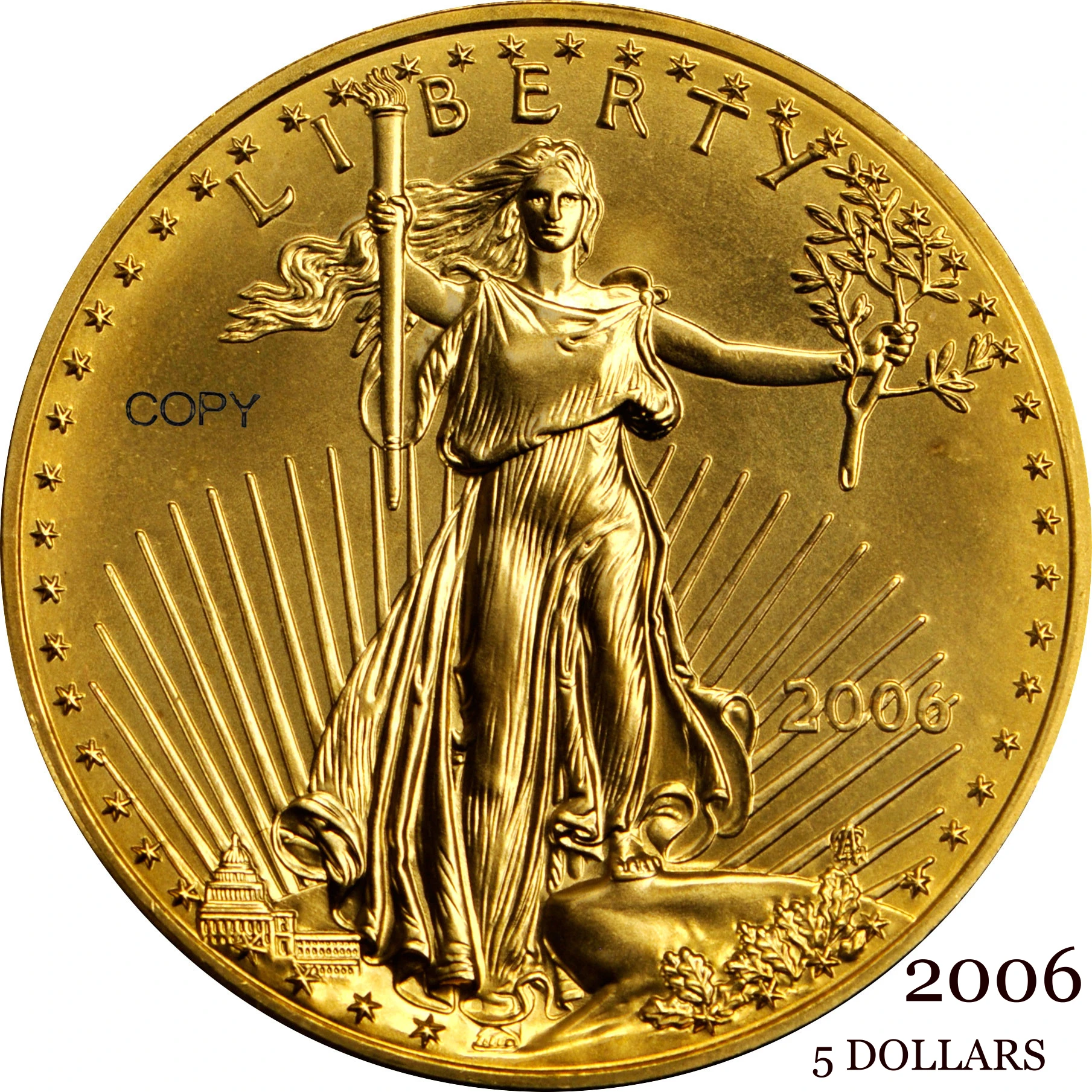 

United States 2006 5 Five Dollars 1/10 ounce American Gold Eagle Bullion Coinage USA Liberty Gold Brass Metal Copy Coin