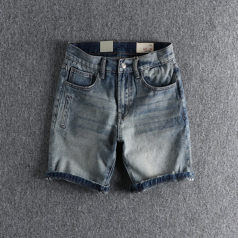 

Heavy industrial wash retro light blue distressed denim shorts man summer Instagram trend n youth five-point pants