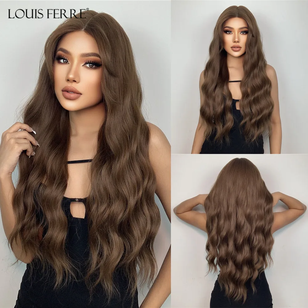 

LOUIS FERRE Brown Curly Lace Front Synthetic Wig for Women Long Honey Brown Wavy Lace Frontal Wig Natural Middle Part Daily Hair