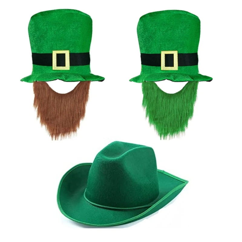

St Patrick Day Green Beard Hat with Buckle Shamrock Hat Irish National Day Celebration Party Cowboy Hat Head Accessories
