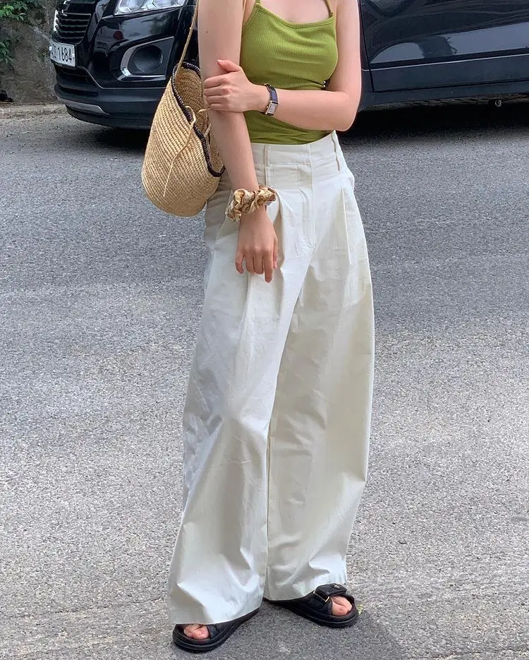 

SuperAen 2022 Spring/Autumn Straight Tube Overalls Solid High Waist Casual Wide Leg Pants for Women
