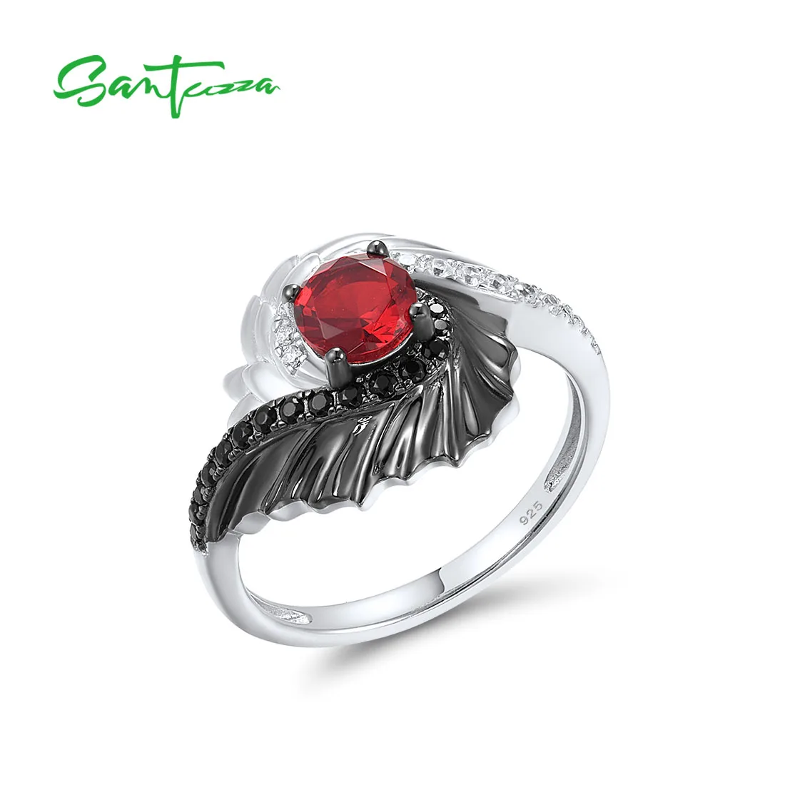 SANTUZZA Silver Rings For Women Pure 925 Sterling Silver Sparkling Red & Black Wings White Cubic Zirconia Gorgeous Fine Jewelry