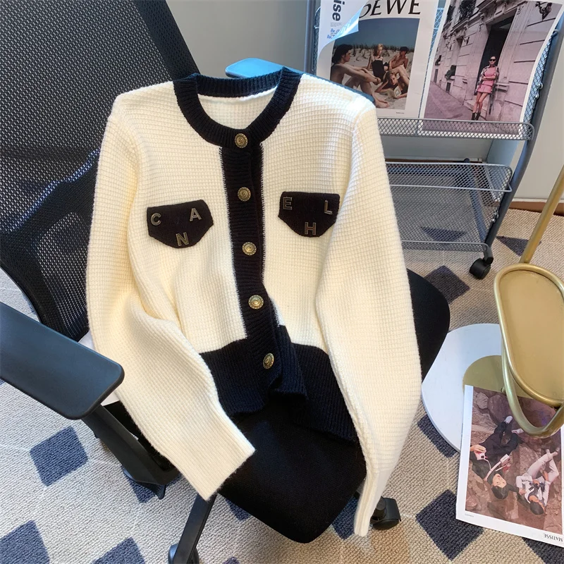 

Autumn Winter Chic Fake Pockets Long Sleeve Women Sweater Slim Contrast Color Short Cardigans French Ladies Knitted Jacket H066