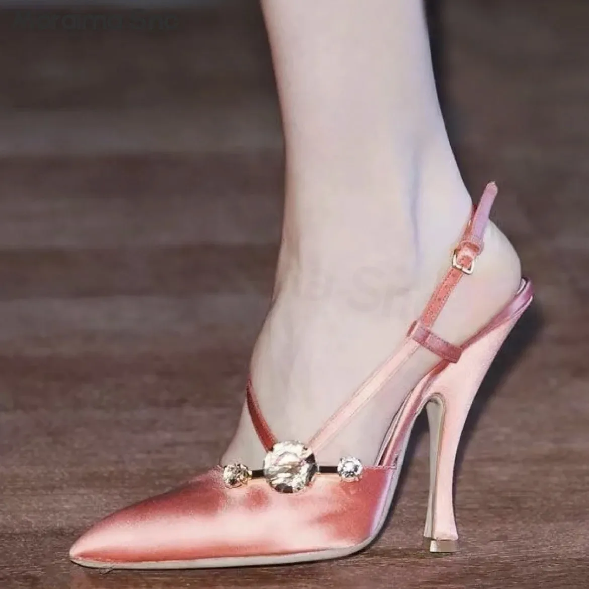 Pink Leather Rhinestone High-Heeled Shoes with Back Empty Fashion Sandals Pointed Toe French Elegant Temperament Ladies' Pumps