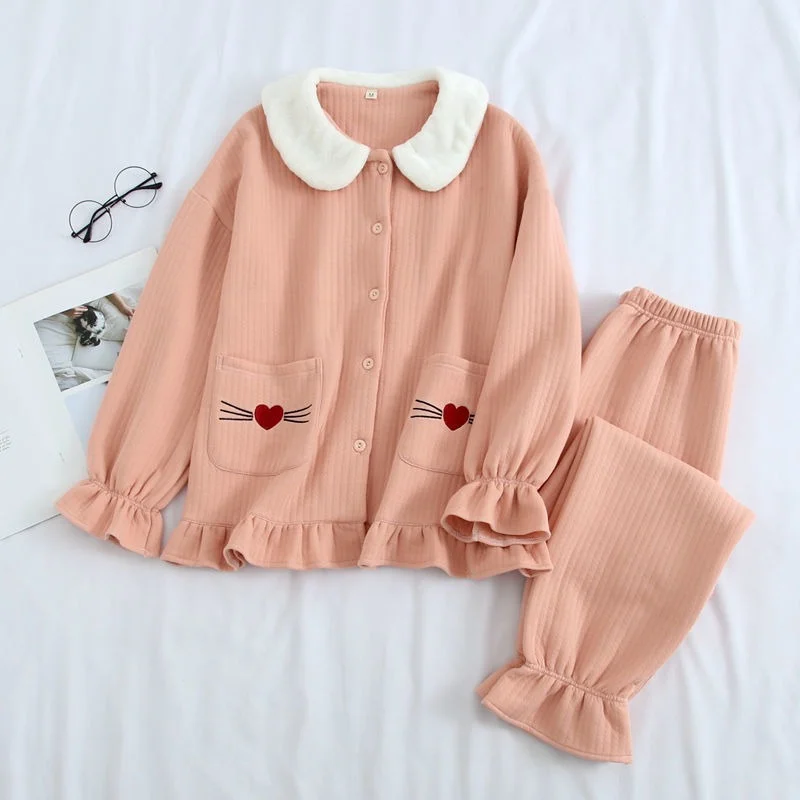QWEEK Cotton Pajamas Women Doll Collar Flared Sleeves Pijamas Ruffled Pocket Embroidery Pyjamas Autumn Winter Sleepwear Homewear