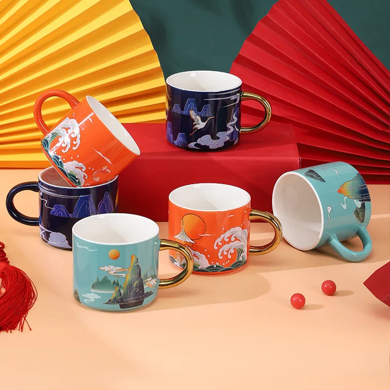 

Керамическая кофейная кружка с принтом тотем в китайском стиле, модная кружка для холодного сока с ручкой, кружка для завтрака, креативная п...