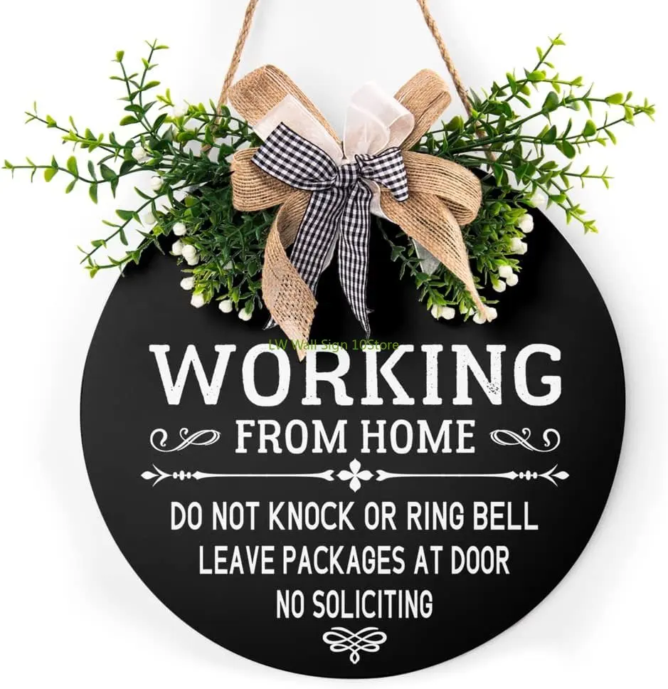 

Working From Home Door Sign Please Do Not Knock or Ring Doorbell Sign with Buffalo Plaid Bow 12in